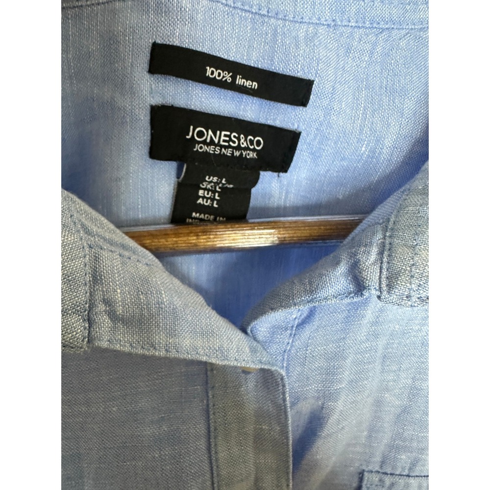 Jones & Co. 100% Linen Half Button Shirt Blue Top Large Resort Coastal *Flawed - Picture 9 of 12